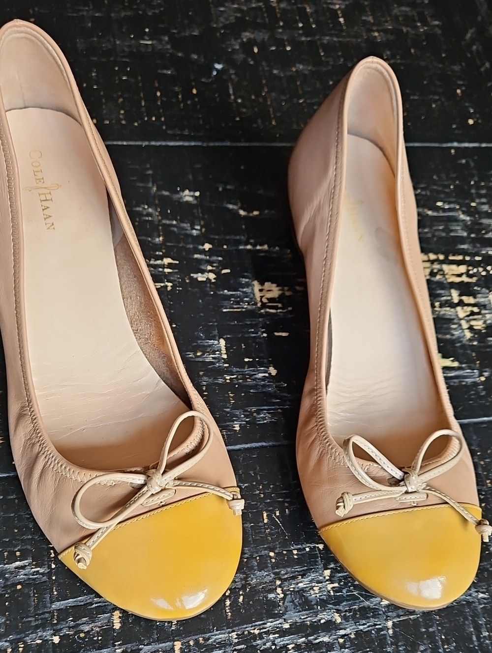 Cole Haan Nude Leather Ballet Flats with Yellow Patent Cap Toe